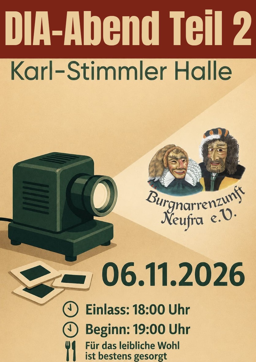 Originalflyer: Dia-Abend Teil 2 am 6. November 2026, Karl-Stimmler Halle, Einlass 18 Uhr, Beginn 19 Uhr